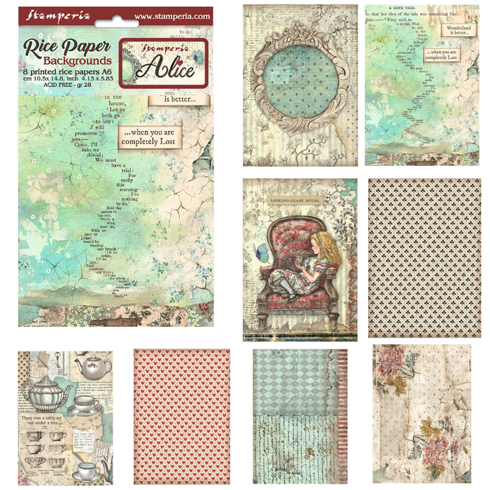 Stamperia Alice A6 Rice Paper Backgrounds Pack