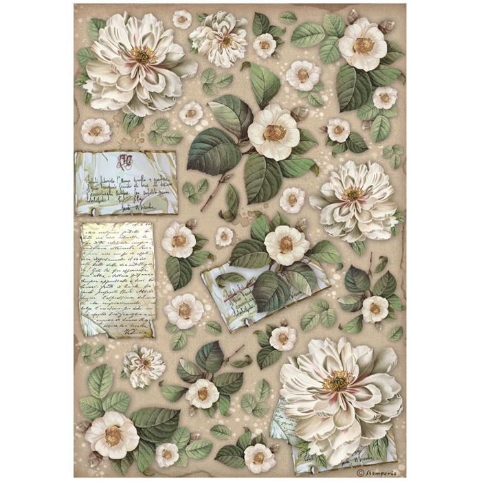 Stamperia Vintage Library A4 Rice Paper Flower & Letters