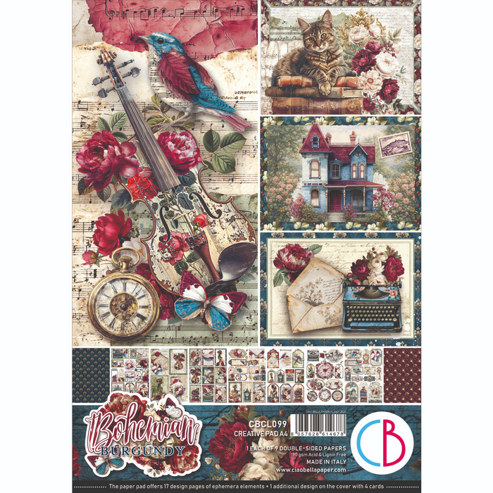 Ciao Bella Paper Bohemian Burgundy A4 Scrapbooking Paper Set