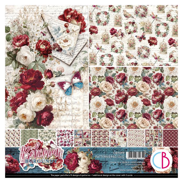 Ciao Bella Paper Bohemian Burgundy 12" x 12" Patterns Scrapbooking Paper Set