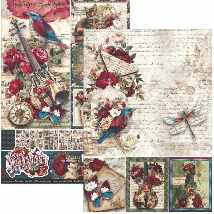 Ciao Bella Paper Bohemian Burgundy A4 Scrapbooking Paper Set