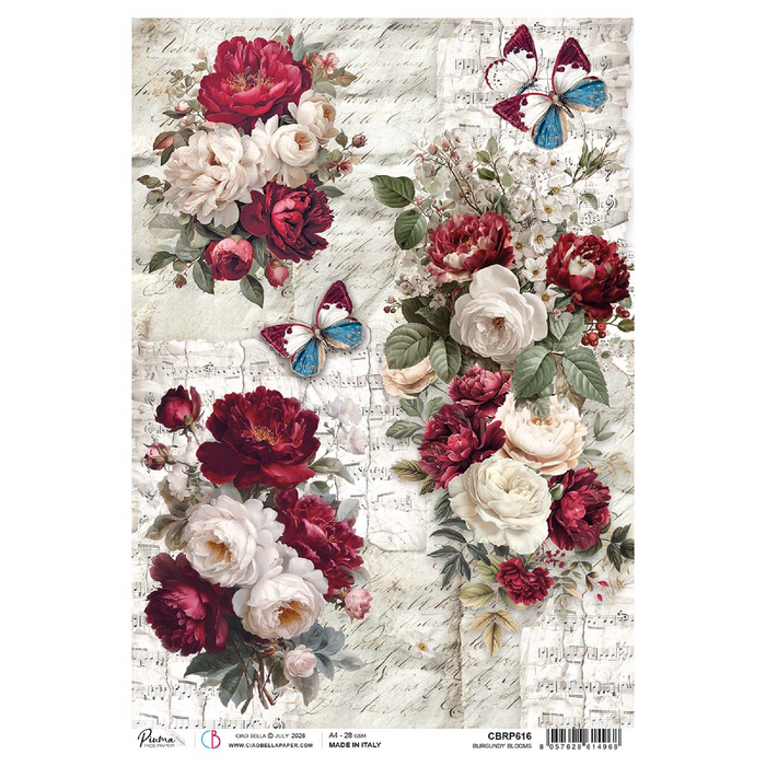 Ciao Bella Paper Bohemian Burgundy A4 Rice Paper Burgundy Blooms