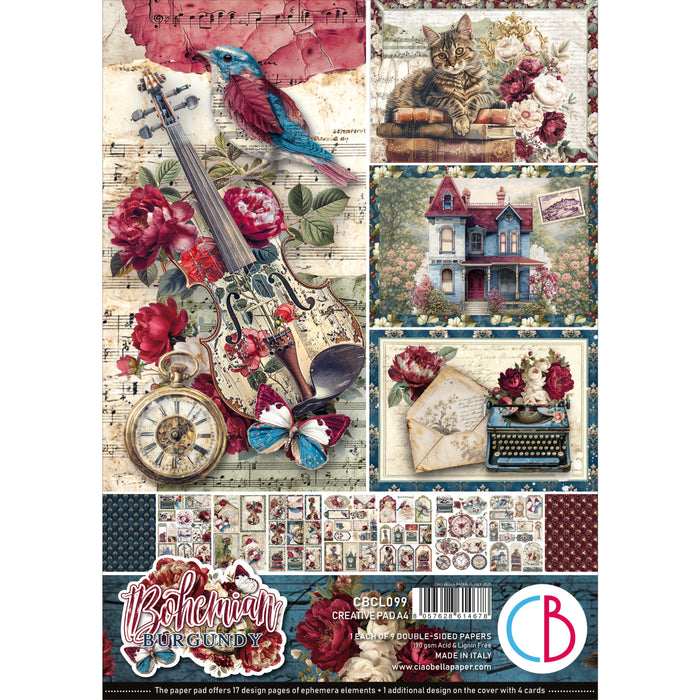 Ciao Bella Paper Bohemian Burgundy A4 Scrapbooking Paper Set