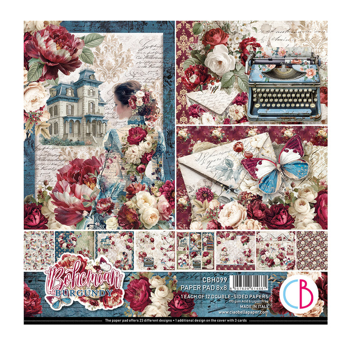 Ciao Bella Paper Bohemian Burgundy 8" x 8" Scrapbooking Paper Set