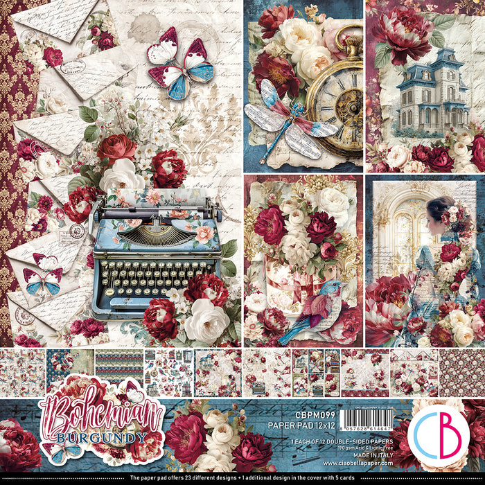 Ciao Bella Paper Bohemian Burgundy 12" x 12" Scrapbooking Paper Set