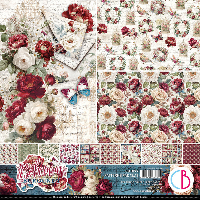 Ciao Bella Paper Bohemian Burgundy 12" x 12" Patterns Scrapbooking Paper Set