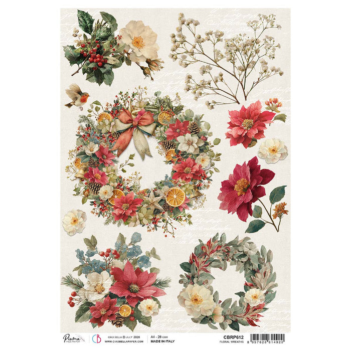 Ciao Bella Paper Merry & Bright A4 Rice Paper Floral Wreaths