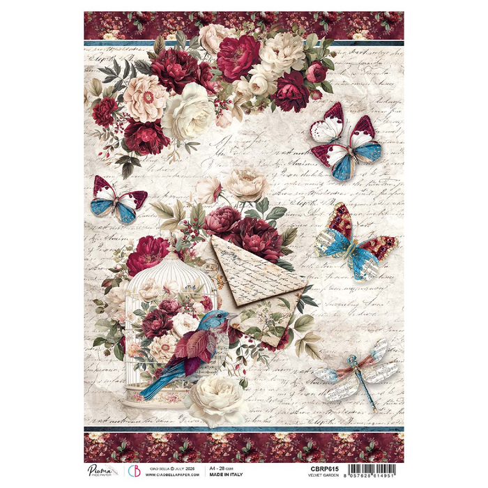 Ciao Bella Paper Bohemian Burgundy A4 Rice Paper Velvet Garden