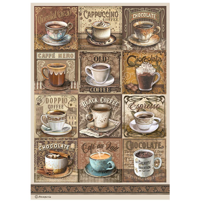 Stamperia Coffee & Chocolate A4 Rice Paper ( Tags with cups)