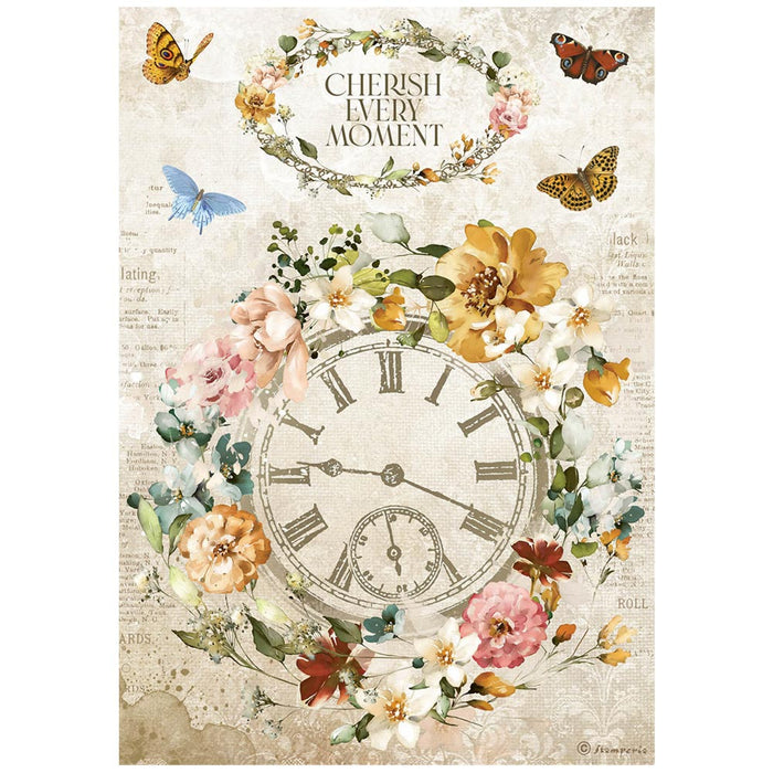 Garden Of Promises A4 Rice Paper Cherish Every Moment Clock - Stamperia